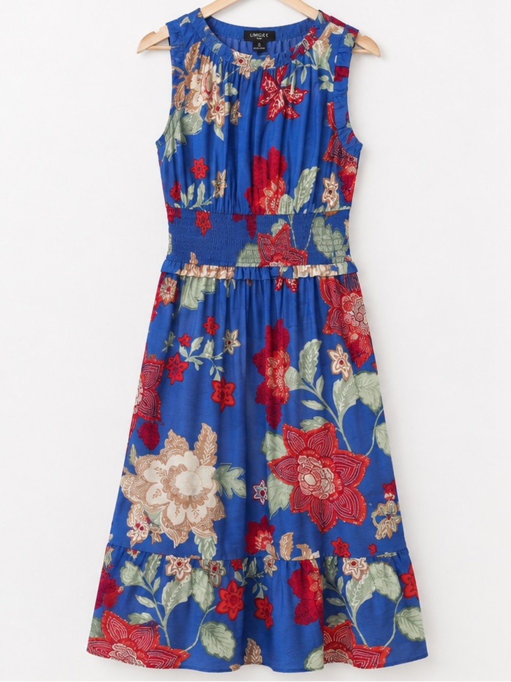 Umgee Blue Floral Midi Dress with Red and Cream Accents